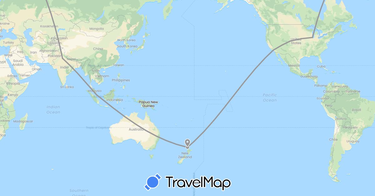TravelMap itinerary: driving, plane in India, New Zealand, Singapore, United States (Asia, North America, Oceania)